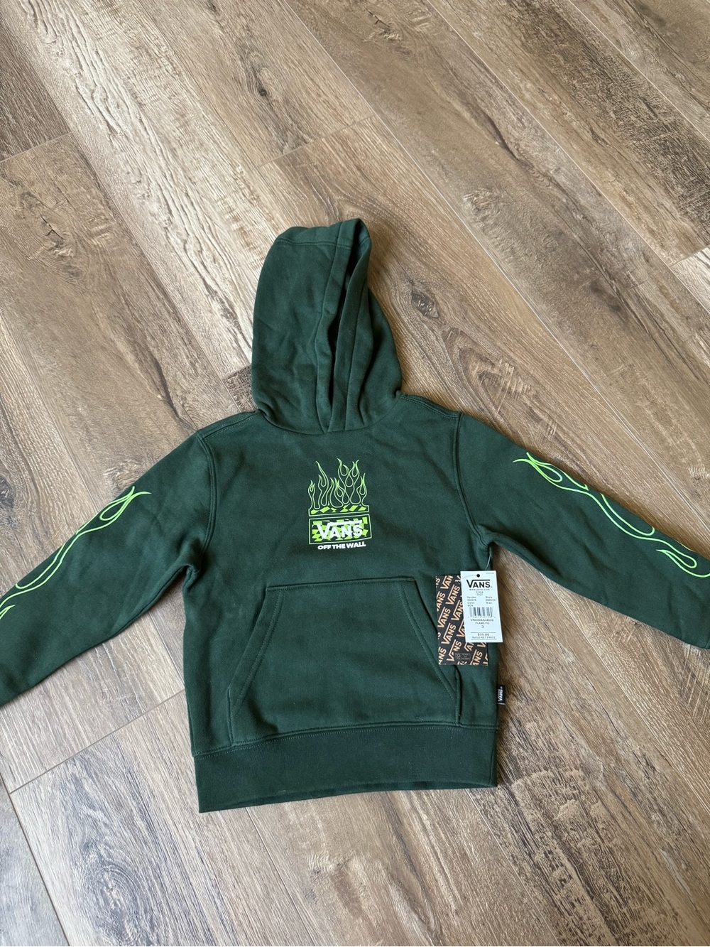 Vans Kids Dark Green Hoodie with Neon Green Flame Graphics